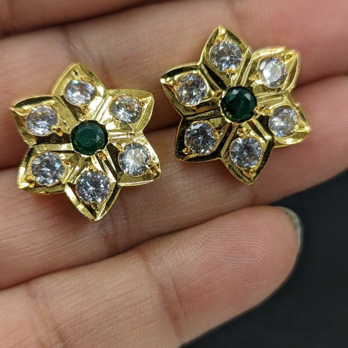 Tara Jadau Stud Earrings In Real Emerald Stone