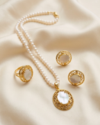 Sadaf Pendant set in mother of pearls with adjustable finger ring With Fresh water Natural Real Pearls String