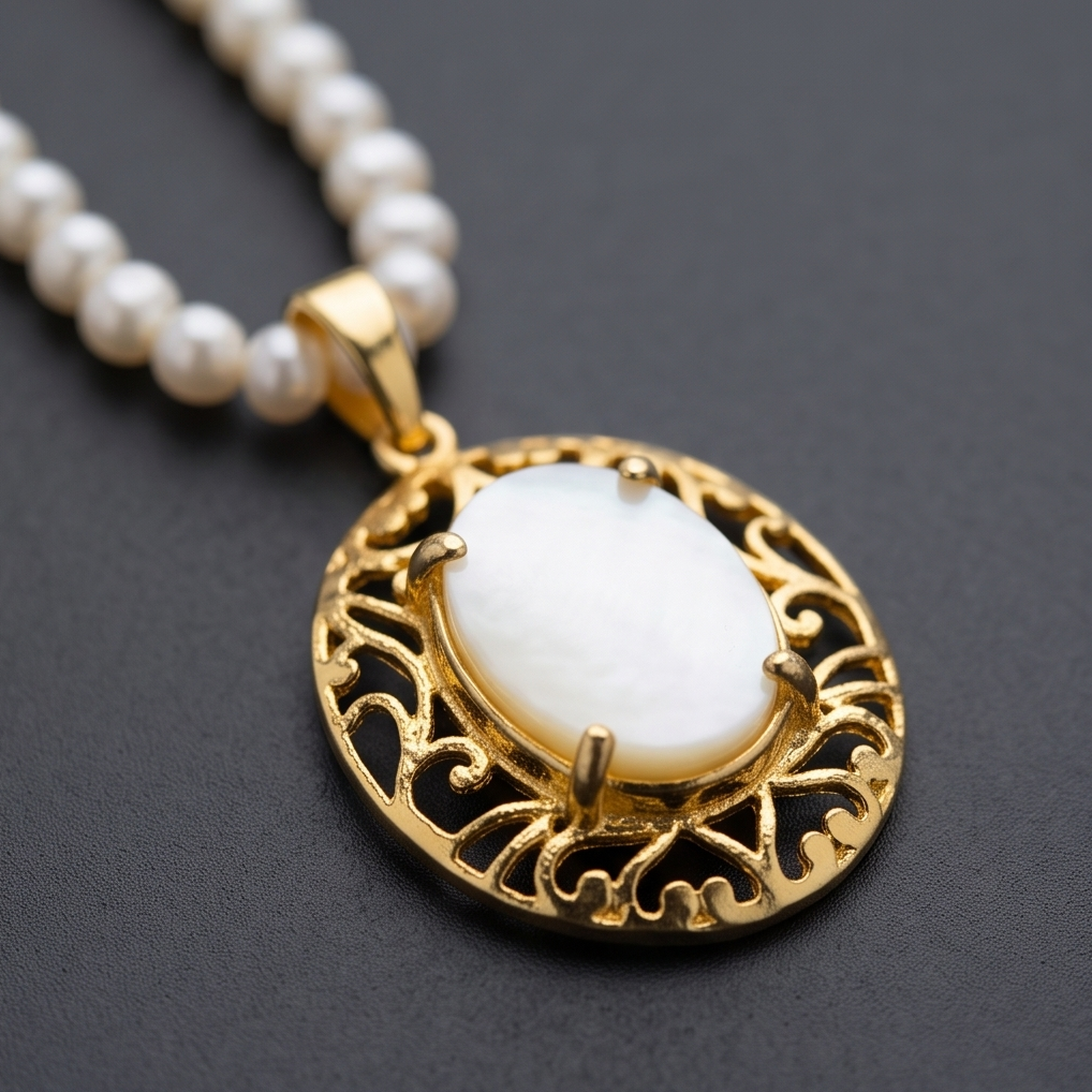 Sadaf Pendant set in mother of pearls with adjustable finger ring With Fresh water Natural Real Pearls String