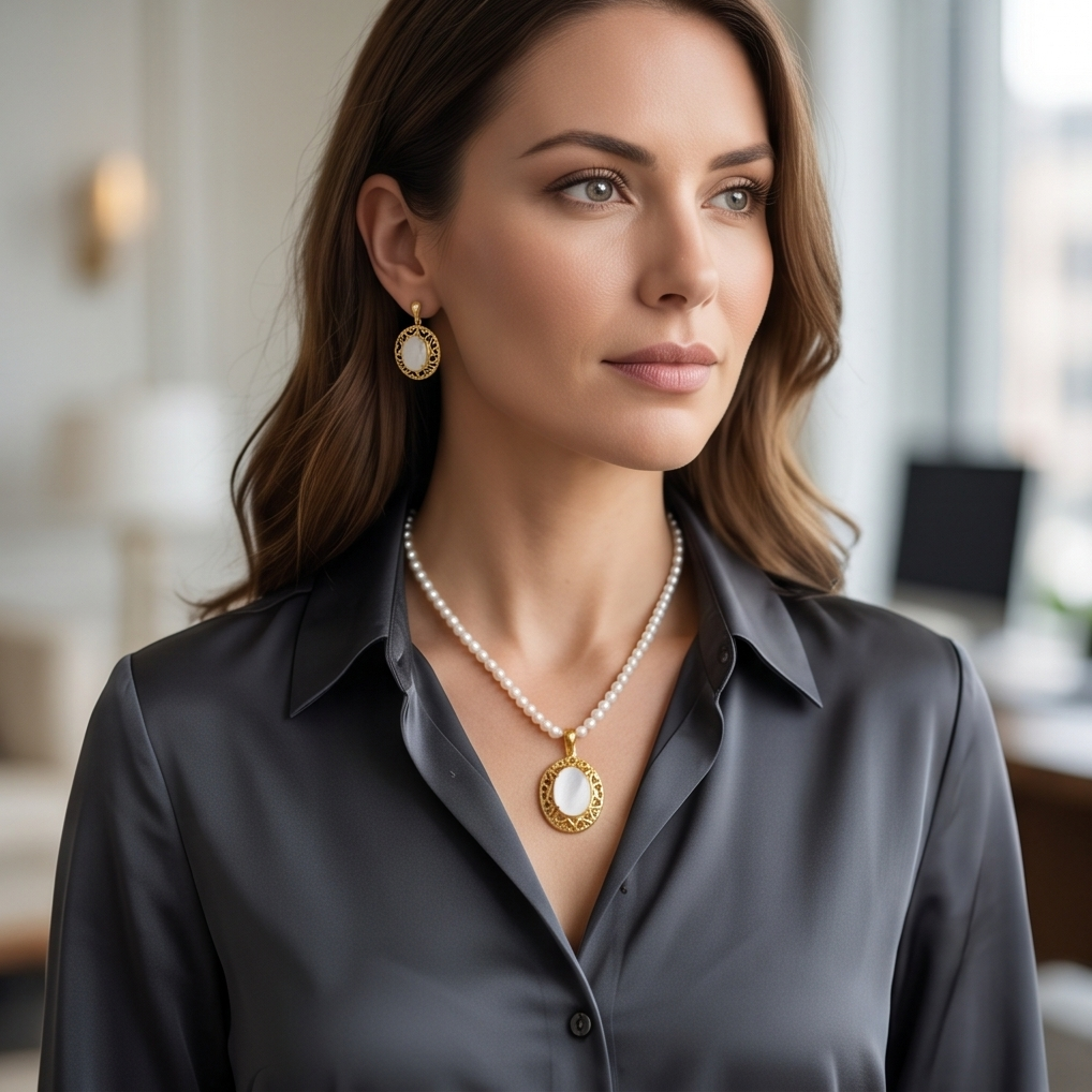 Sadaf Pendant set in mother of pearls with adjustable finger ring With Fresh water Natural Real Pearls String