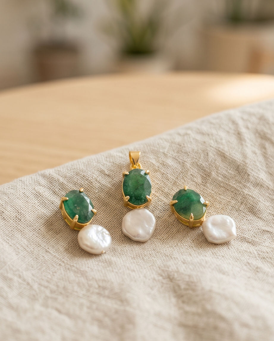 Margerita Baroque Jadau pearls Set In Real Emerald