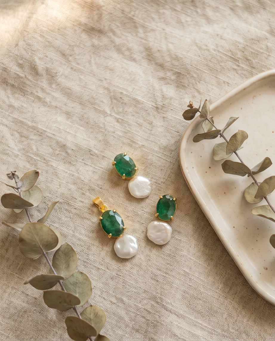 Margerita Baroque Jadau pearls Set In Real Emerald
