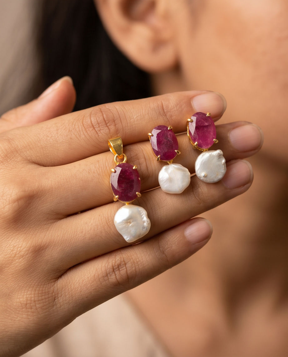 Margerita Baroque Jadau pearls Set In Real Ruby