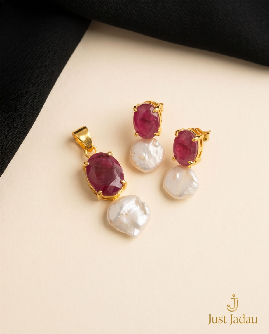 Margerita Baroque Jadau pearls Set In Real Ruby