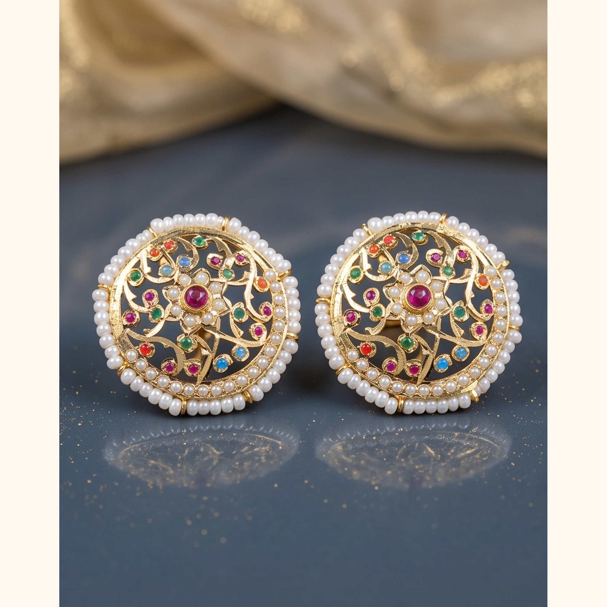Bela Jadau Studs in Navratan