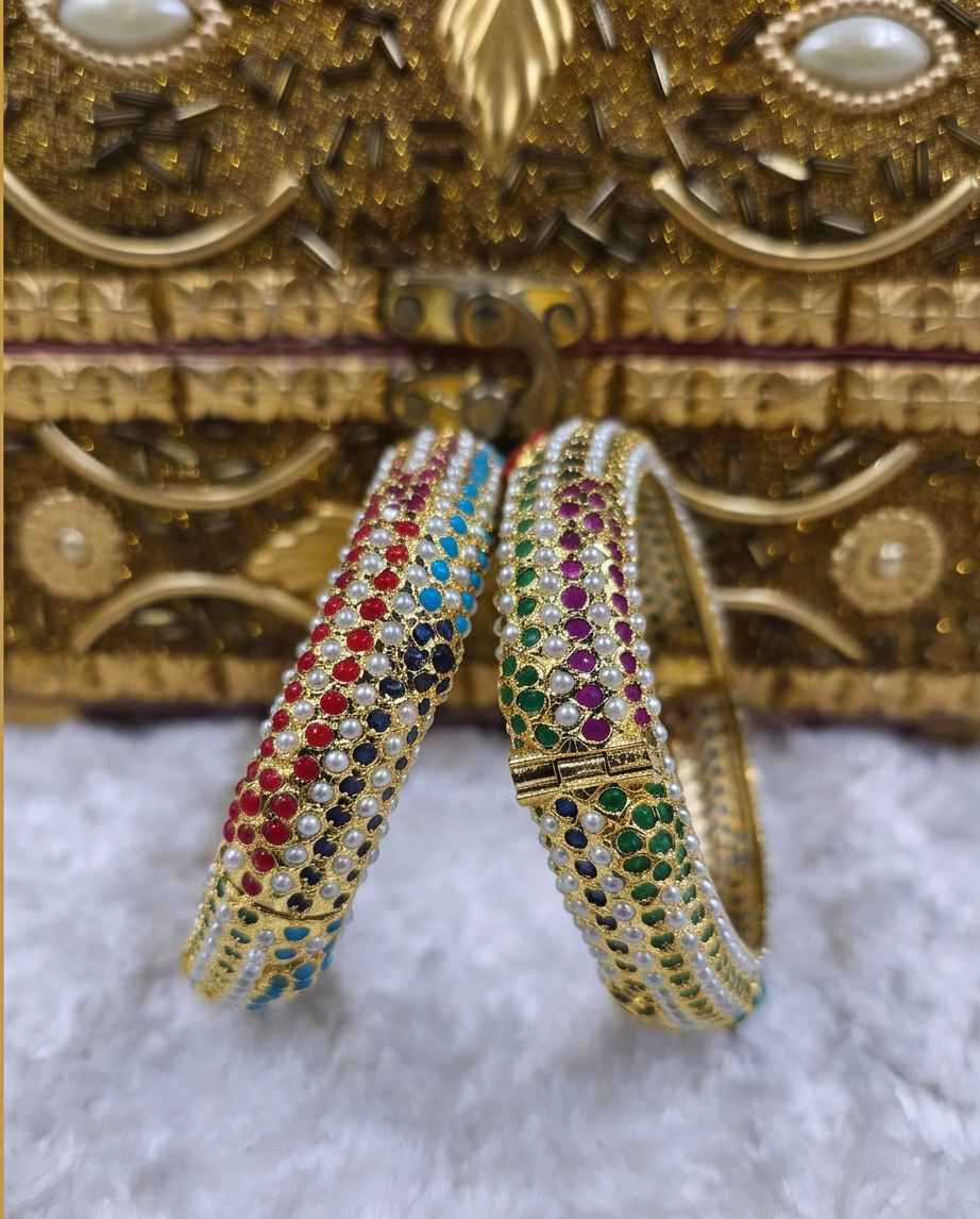 Bahar Jadau Bangles Set With Navratan Stones