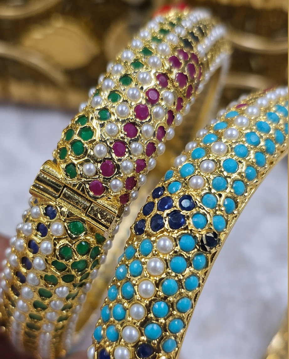 Bahar Jadau Bangles Set With Navratan Stones