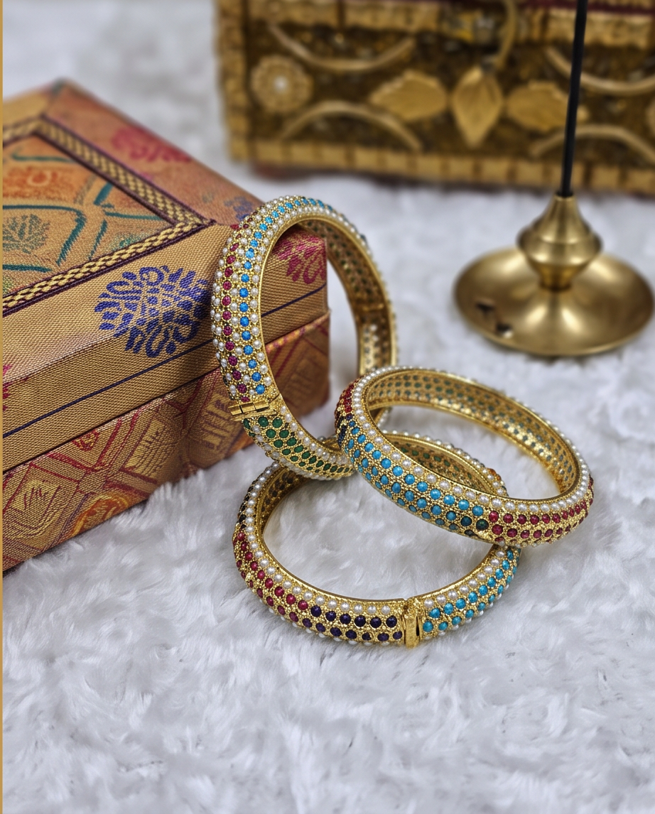 Bahar Jadau Bangles Set With Navratan Stones