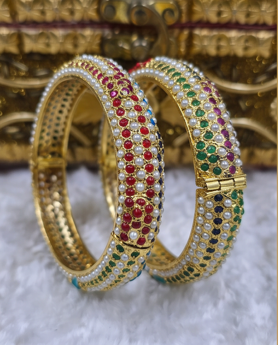 Bahar Jadau Bangles Set With Navratan Stones