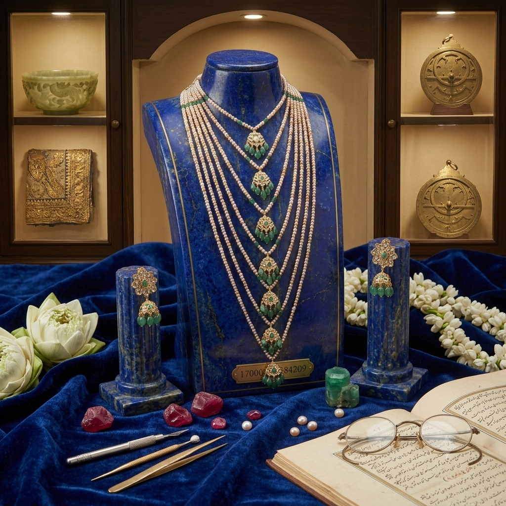 Nazah Satlada Antique Real Pearl & Real Emerald Jadau Necklace