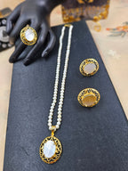 Sadaf Pendant set in mother of pearls with adjustable finger ring With Fresh water Natural Real Pearls String