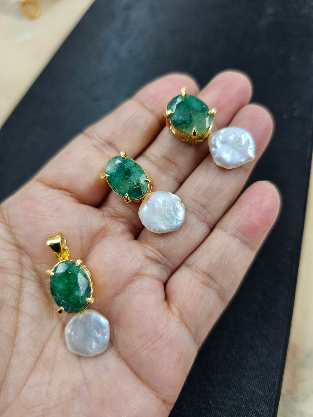 Margerita Baroque Jadau pearls Set In Real Emerald