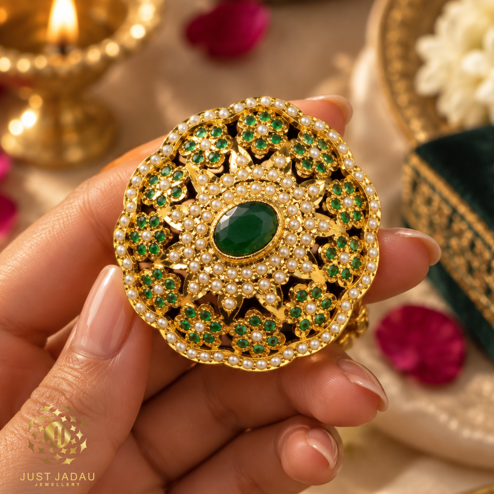 Karina Emerald Statement Finger Jadau Ring