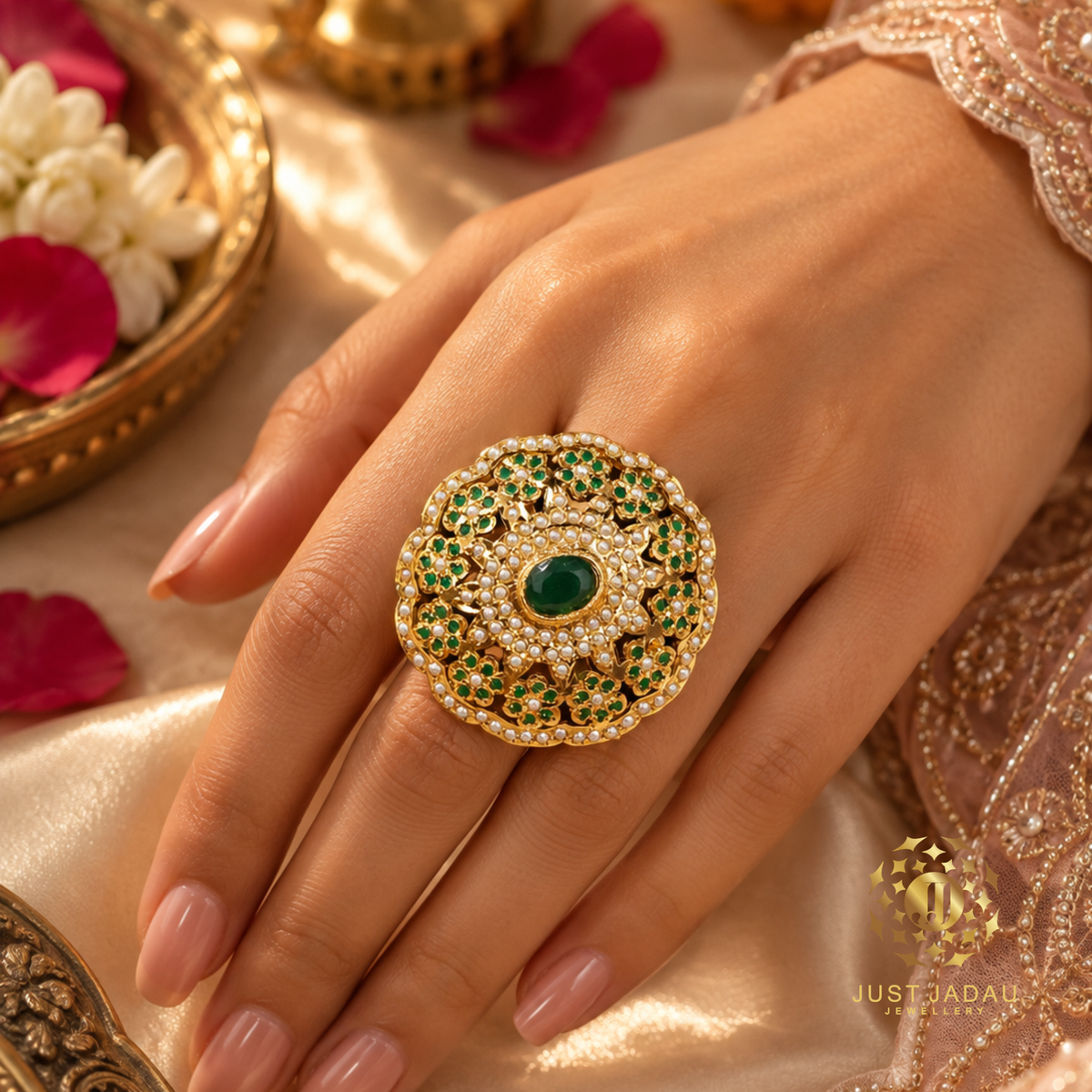 Karina Emerald Statement Finger Jadau Ring