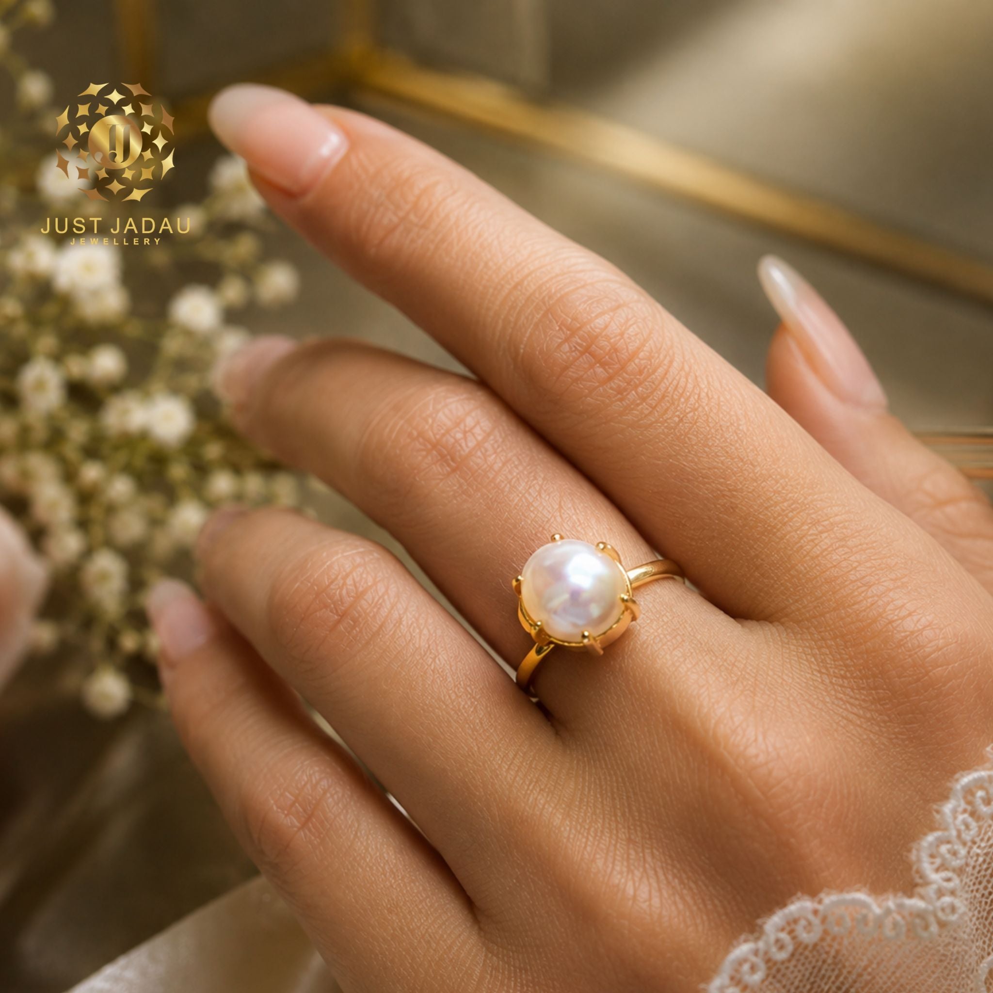Real Pearls Jadau Finger Ring