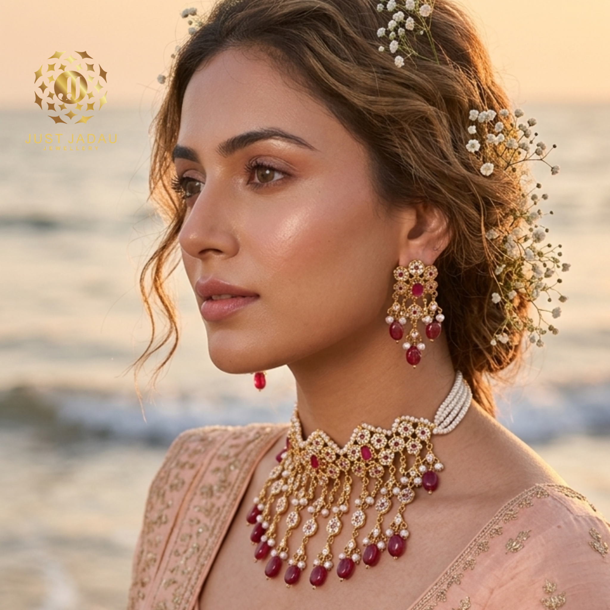 Fazeen Choker Jadau Jewellery Set In Ruby