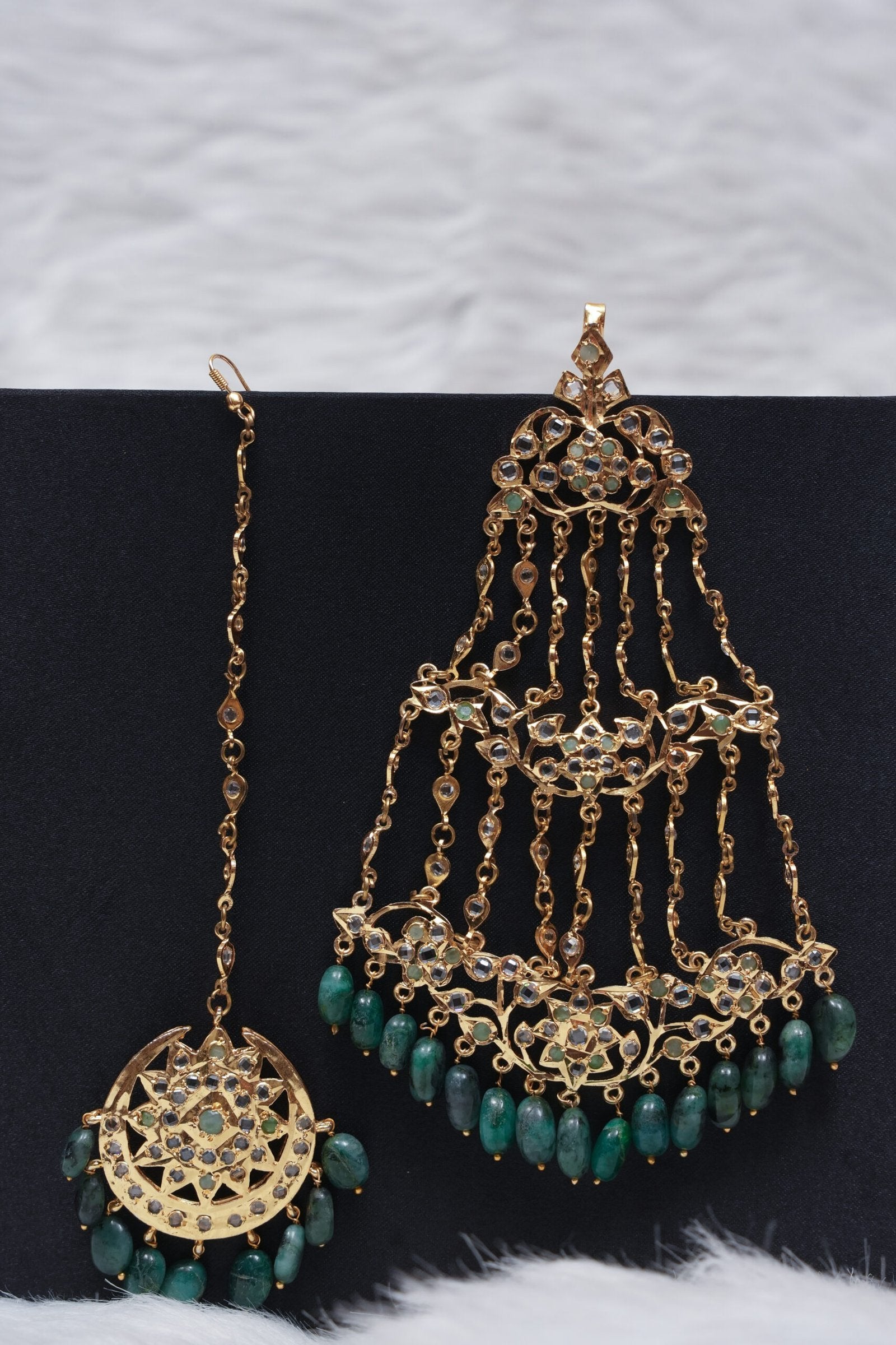Andleep Jhumar Tika Set in  Real Emerald