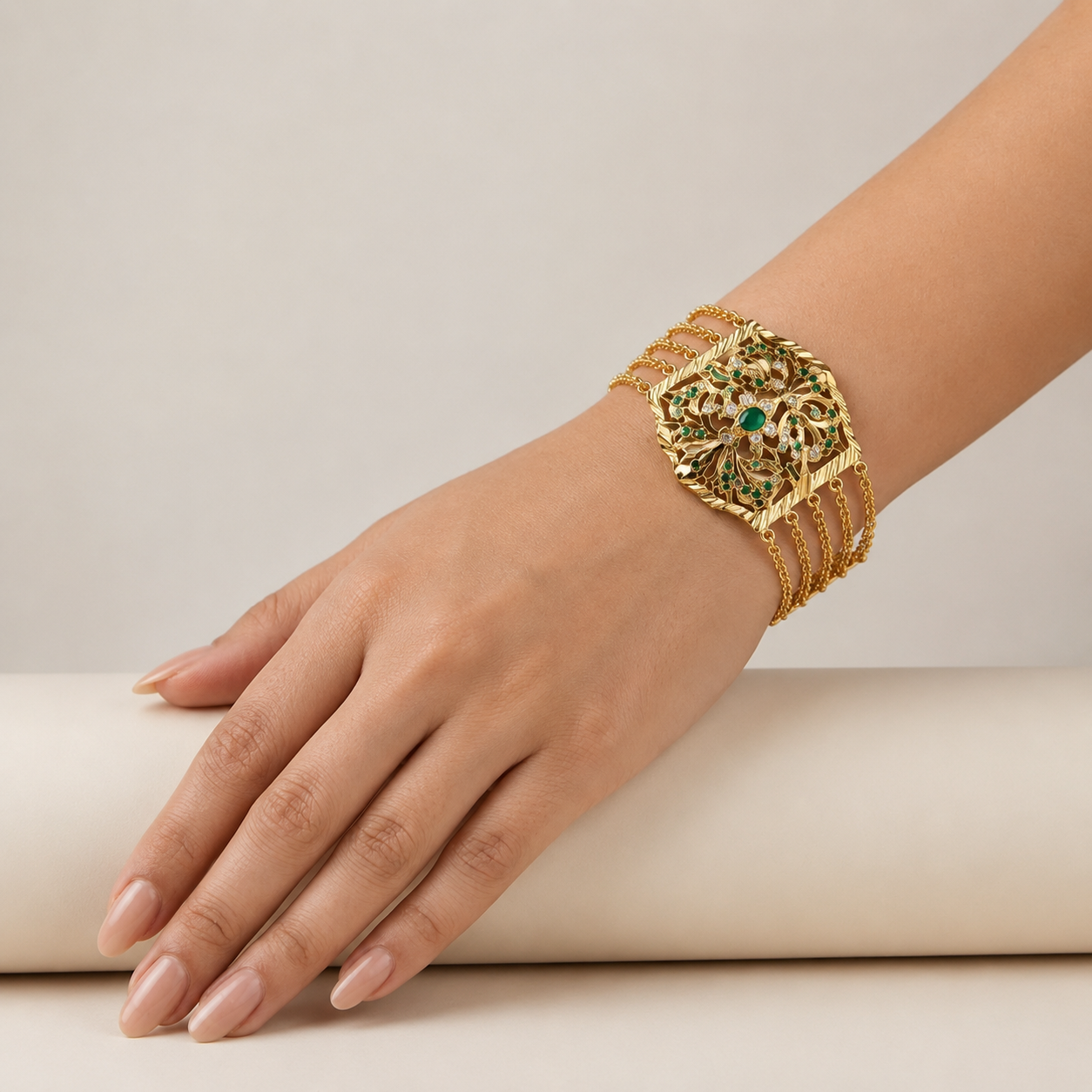 Royal Emerald Jadau Hand Bracelet