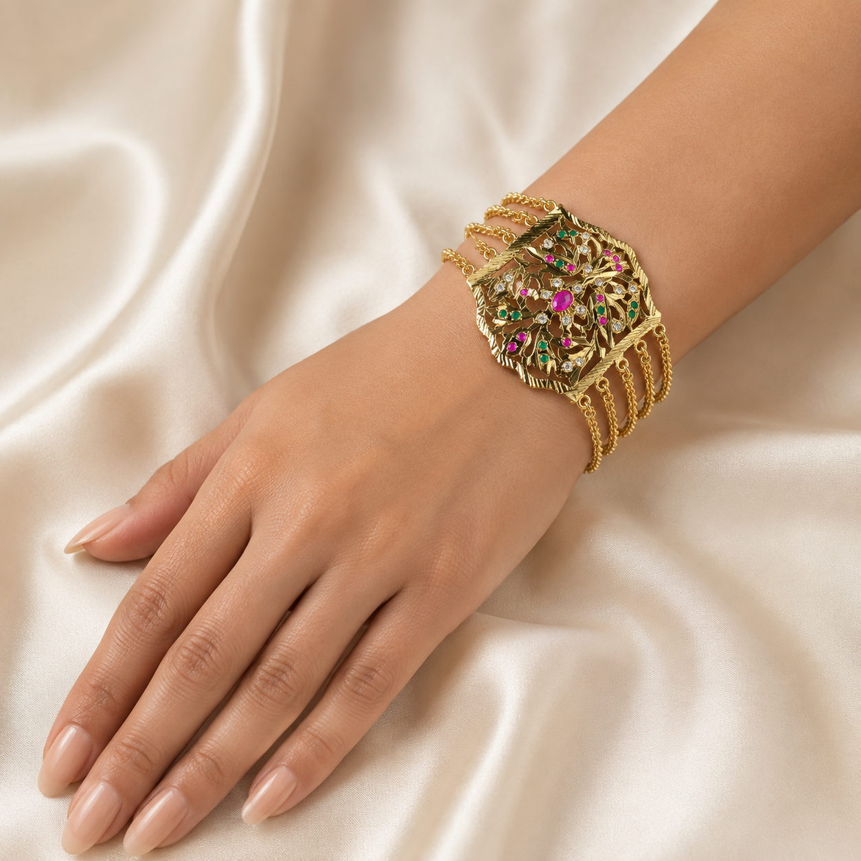 Royal Ruby-Emerald Jadau Hand Bracelet