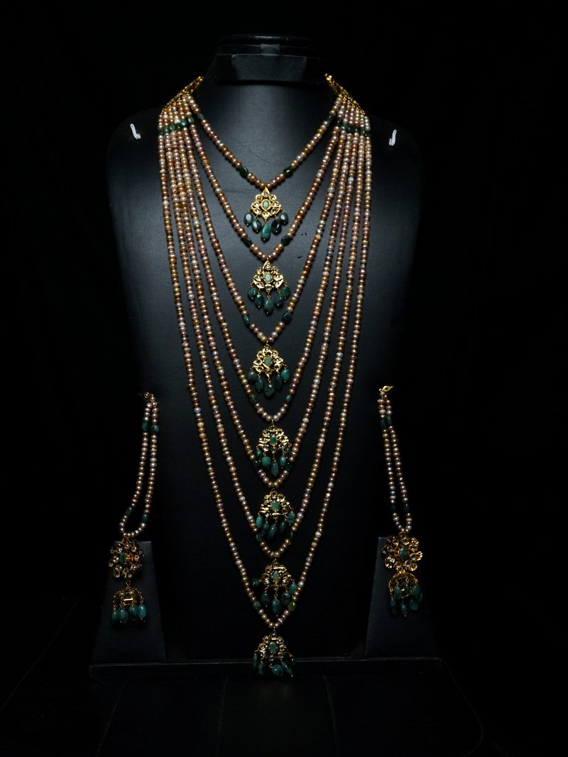 Nazah Satlada Antique Real Pearl & Real Emerald Jadau Necklace