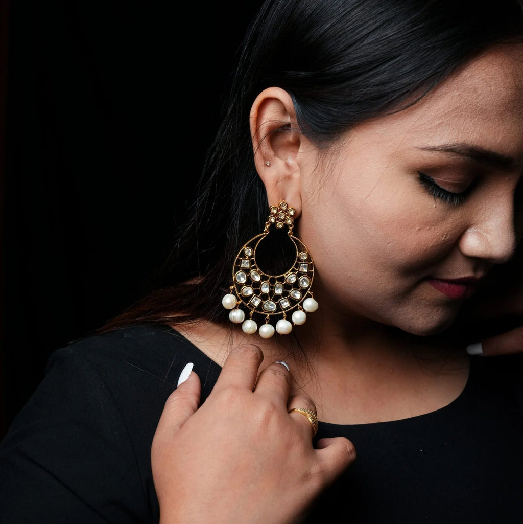 Yara Chandbali in Victorian Polki Real Pearls
