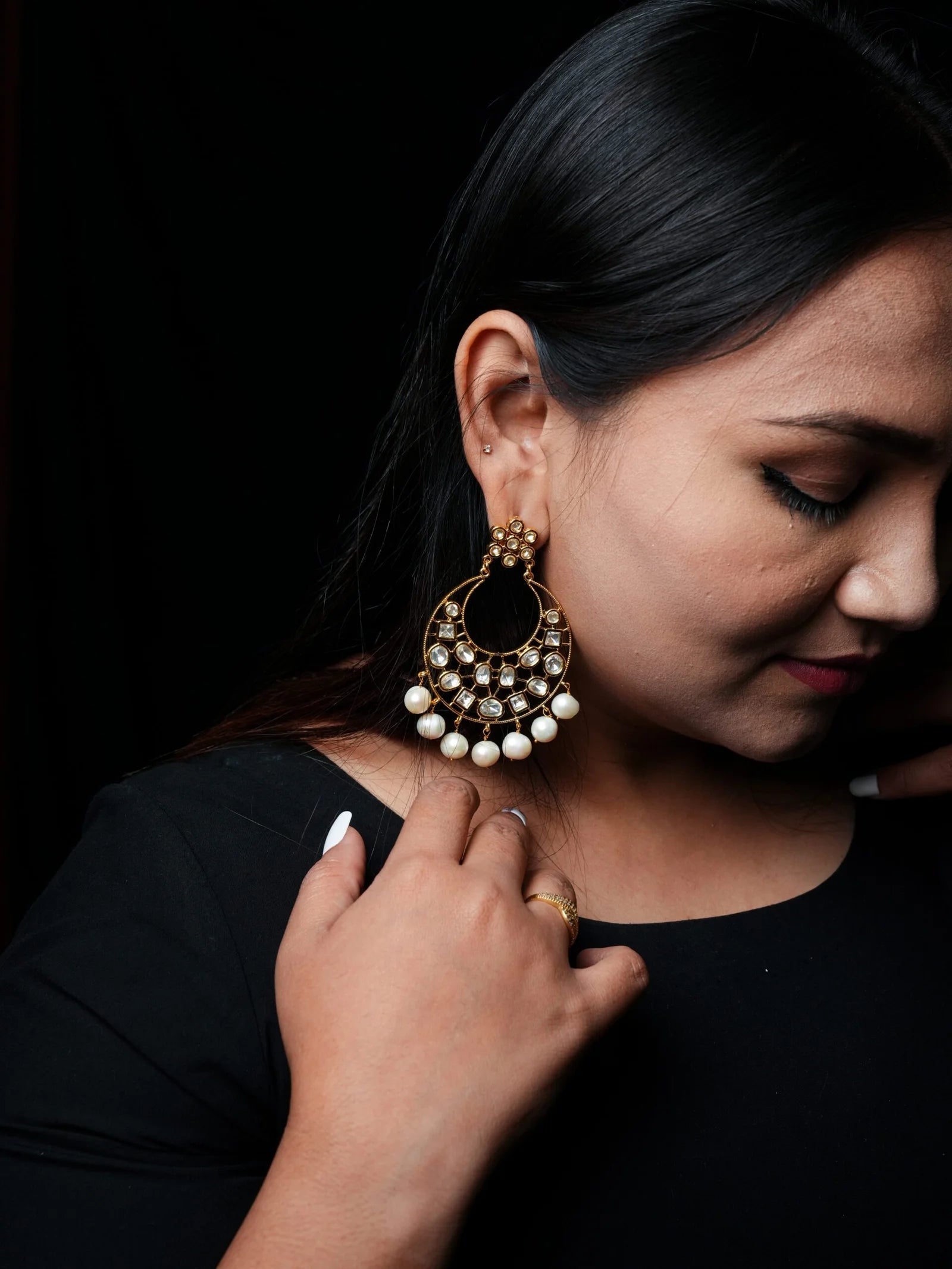 Yara Chandbali in Victorian Polki Real Pearls