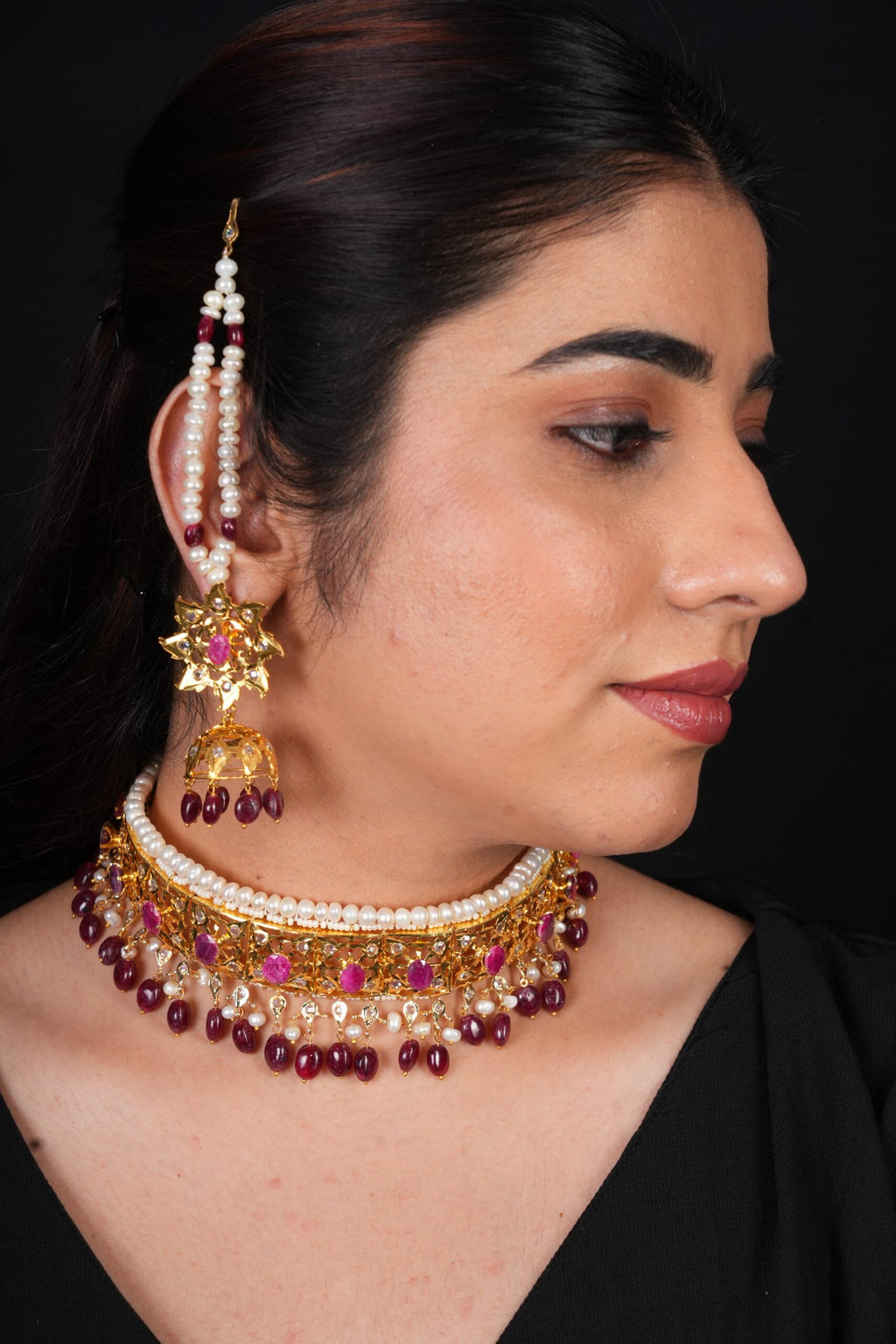 Hyderabadi Choker Set in Real Ruby and Real Pearls