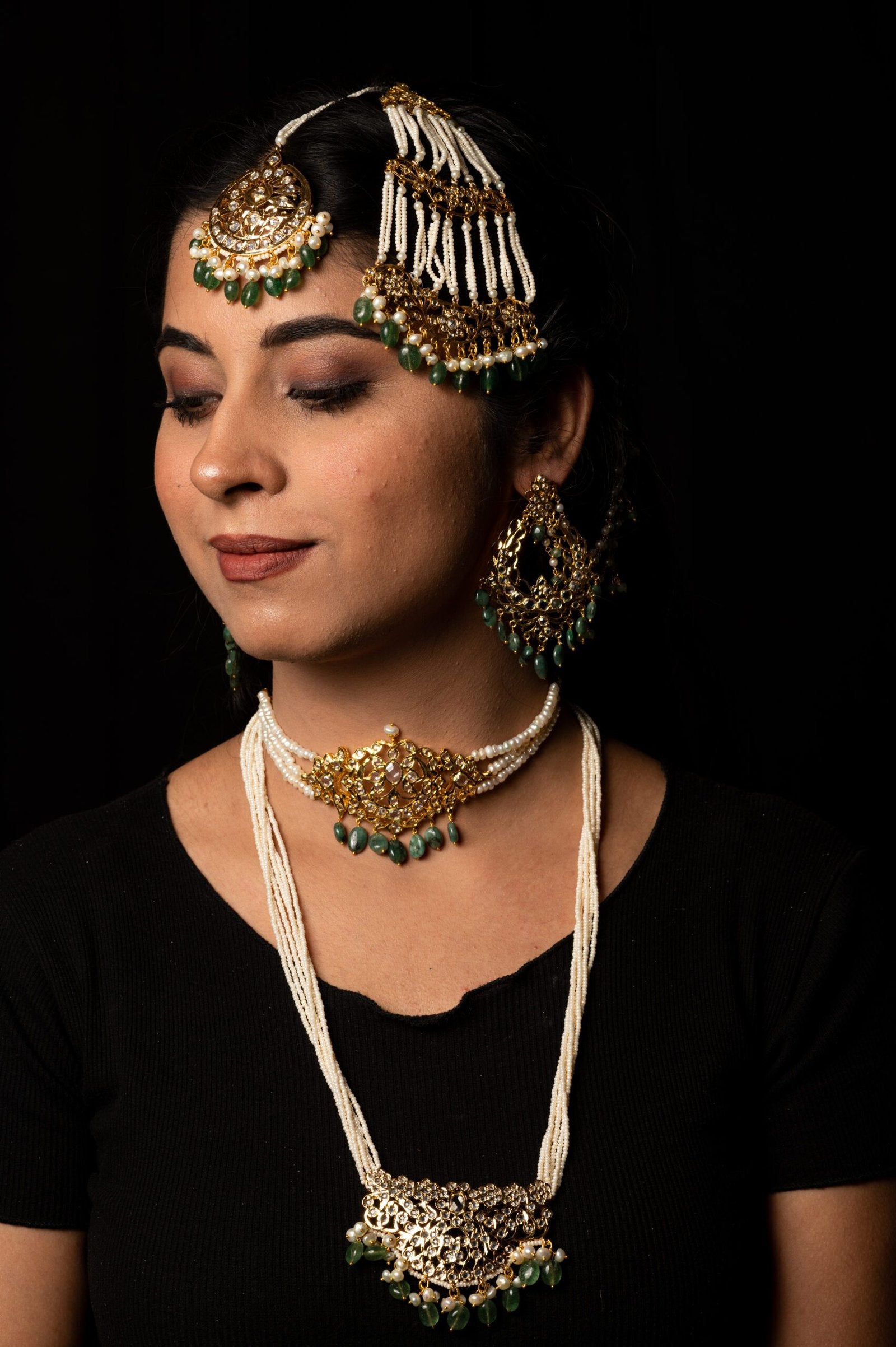 Kinza Bridal Set in Real Emerald and Pearls