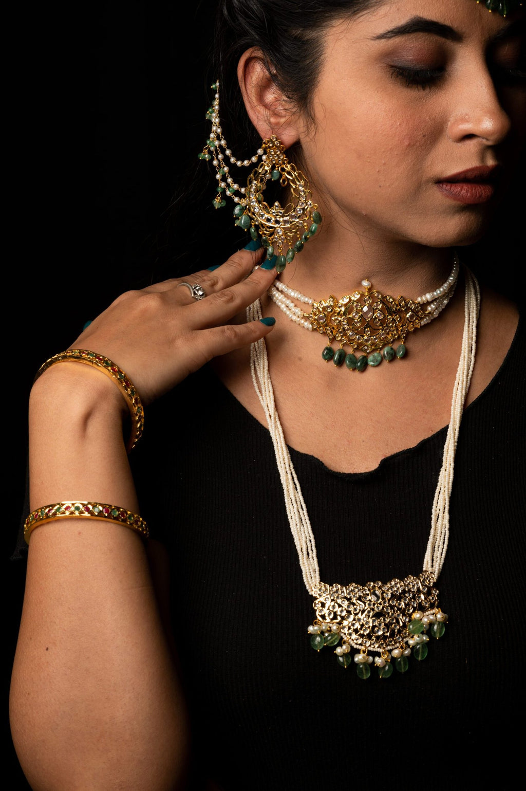 Kinza Bridal Set in Real Emerald and Pearls