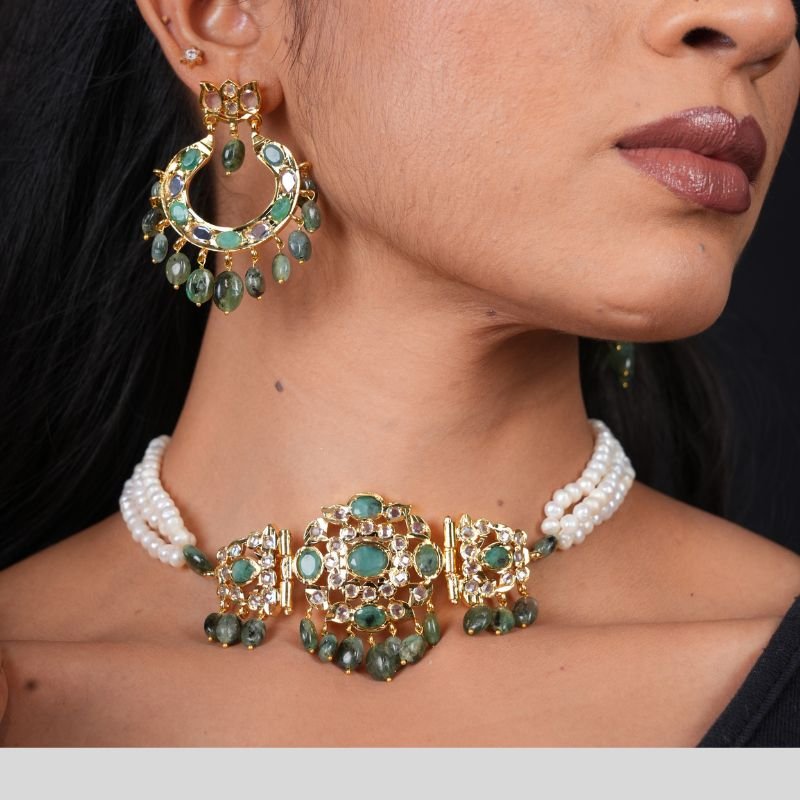 Dua Choker Set in Real  Emerald and Real Pearls