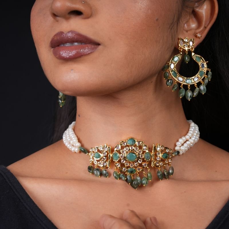 Dua Choker Set in Real  Emerald and Real Pearls