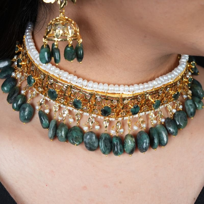 Hyderabadi Choker Set In Real Emerald