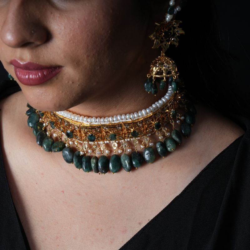 Hyderabadi Choker Set In Real Emerald