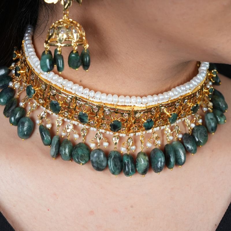 Hyderabadi Choker Set In Real Emerald