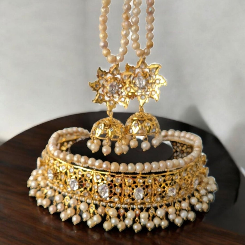 Hyderabadi Choker Set in Mossinite and real pearls