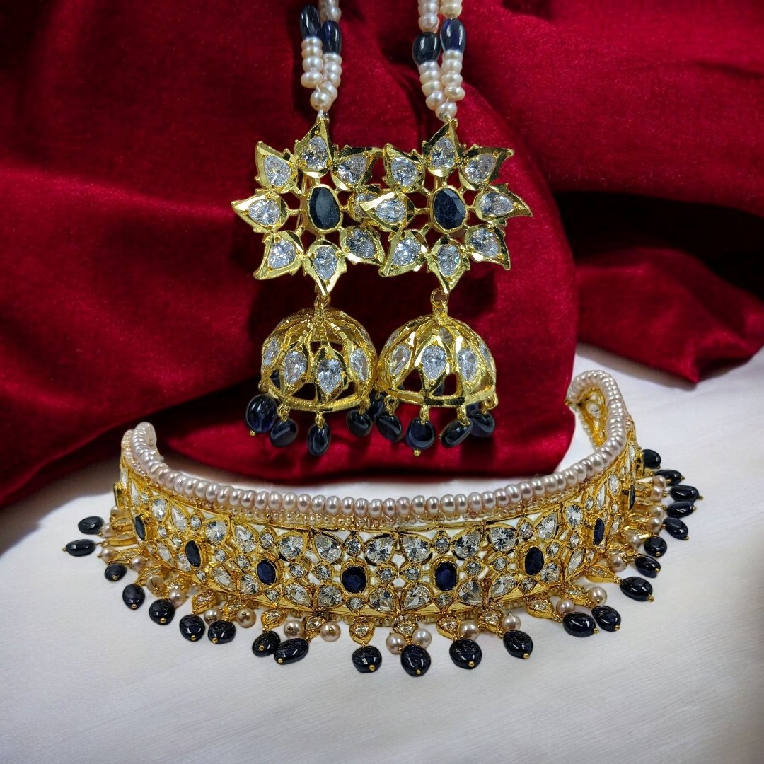 Hyderabadi Choker Set in Real Blue Sapphire and Real Pearls