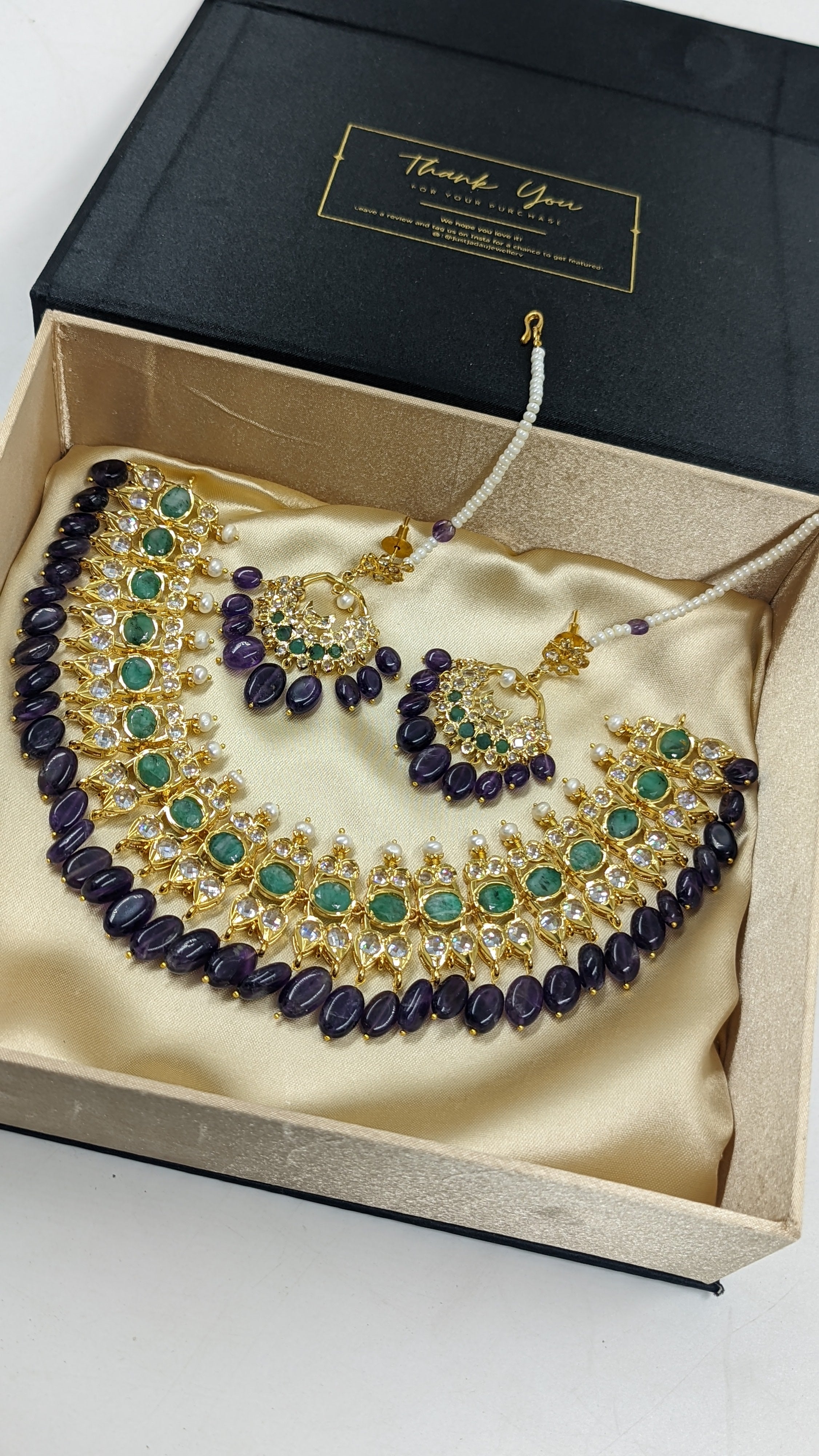 Tazkiya Real Amythest, Real Emerald and real pearls necklace set