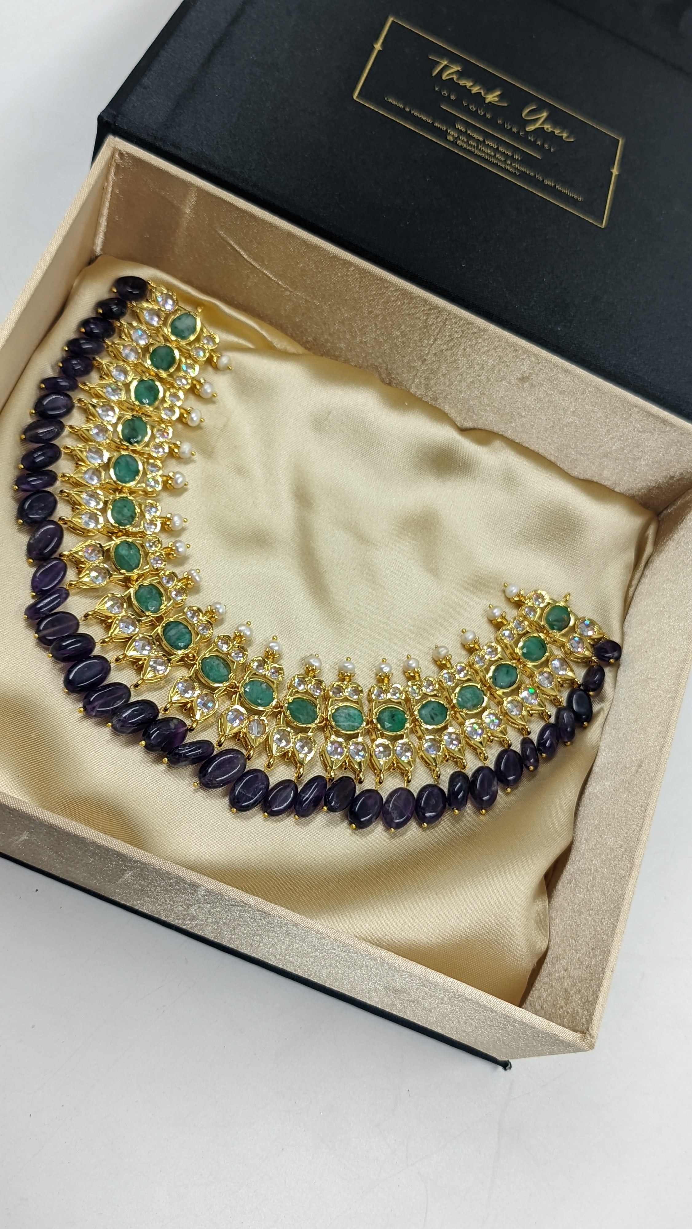 Tazkiya Real Amythest, Real Emerald and real pearls necklace set