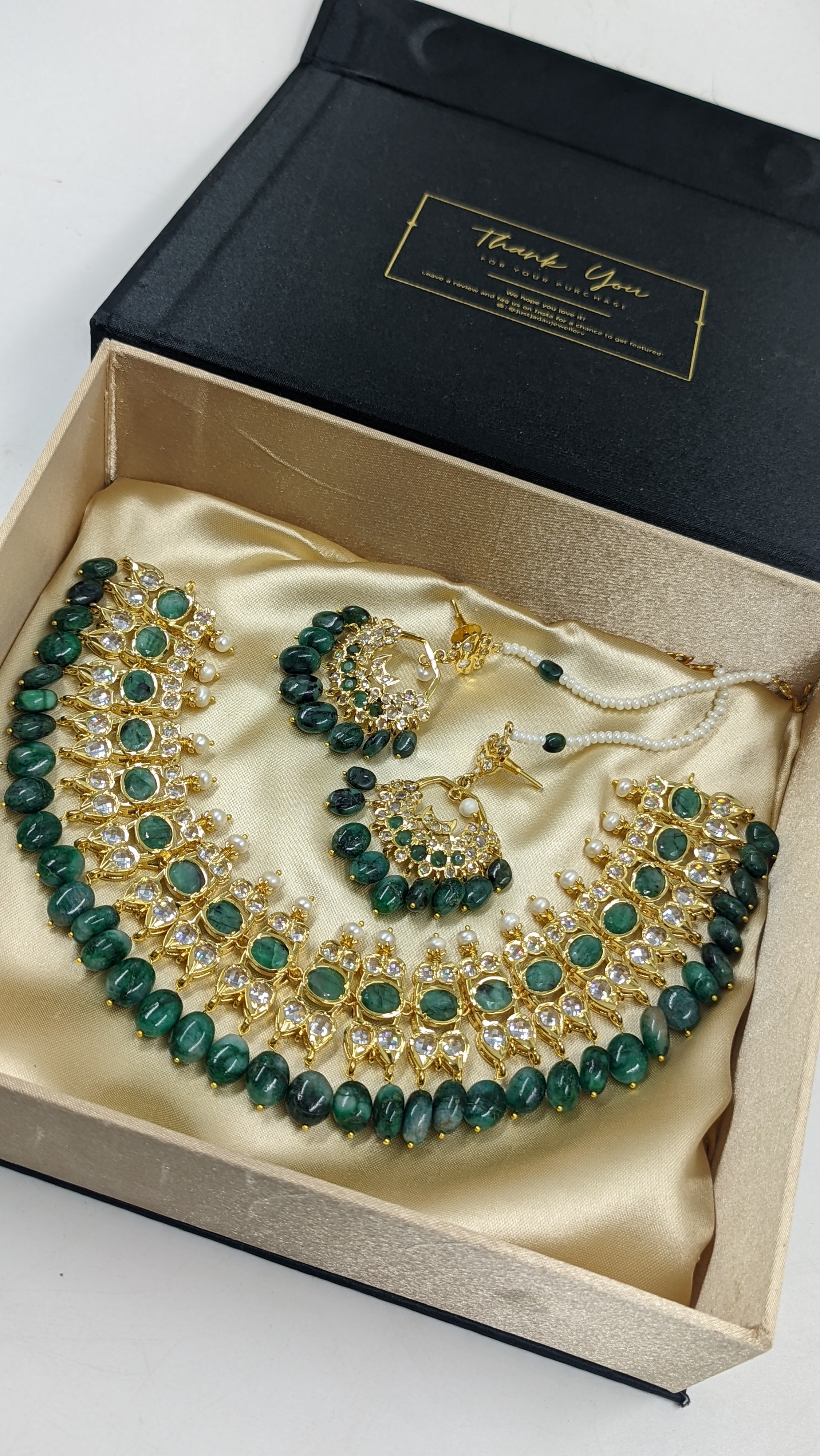 Tazkiya Real Emerald and Real Pearls Necklace set