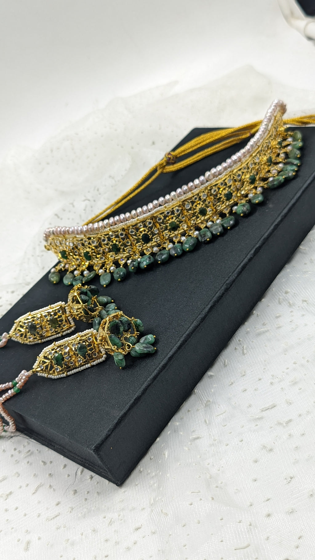 Rukhsana Choker set in Real Emerald and Real Pearls