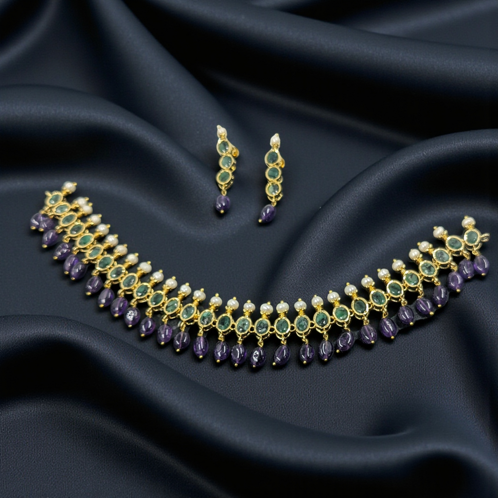 Mehrish Necklace Set in Real Amythest,Emerald & Real Pearls