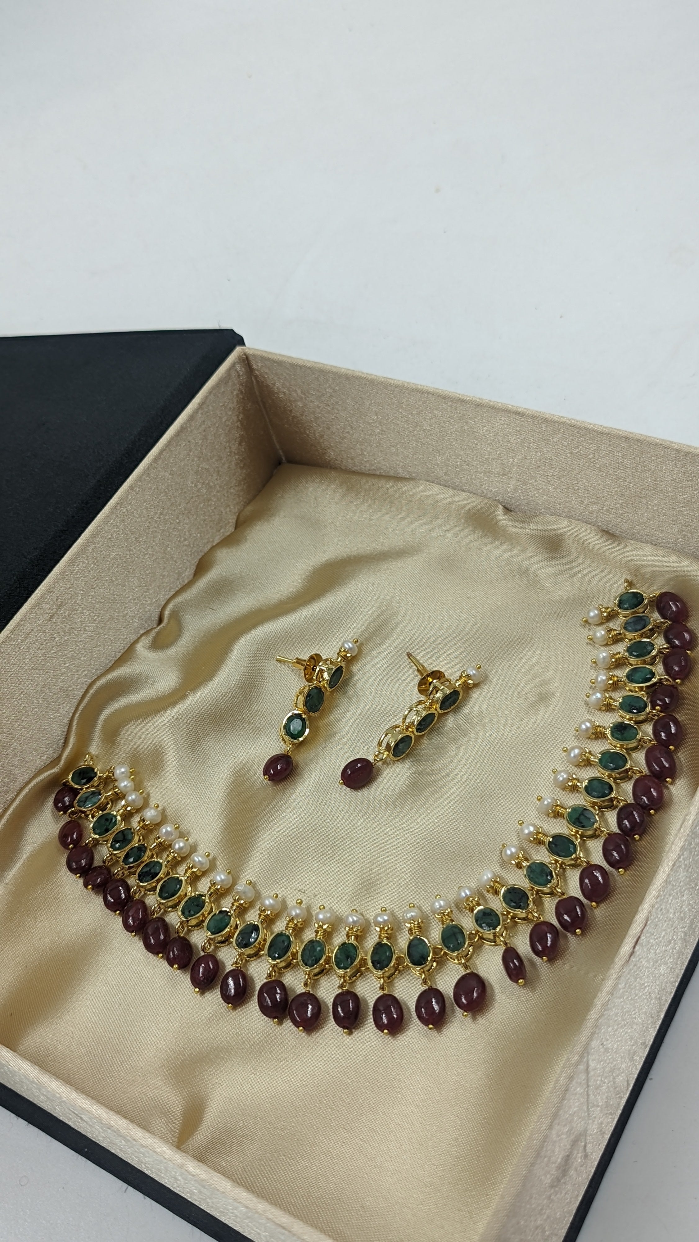 Mehrish Necklace Set in Real Ruby, Emerald & Real Pearls
