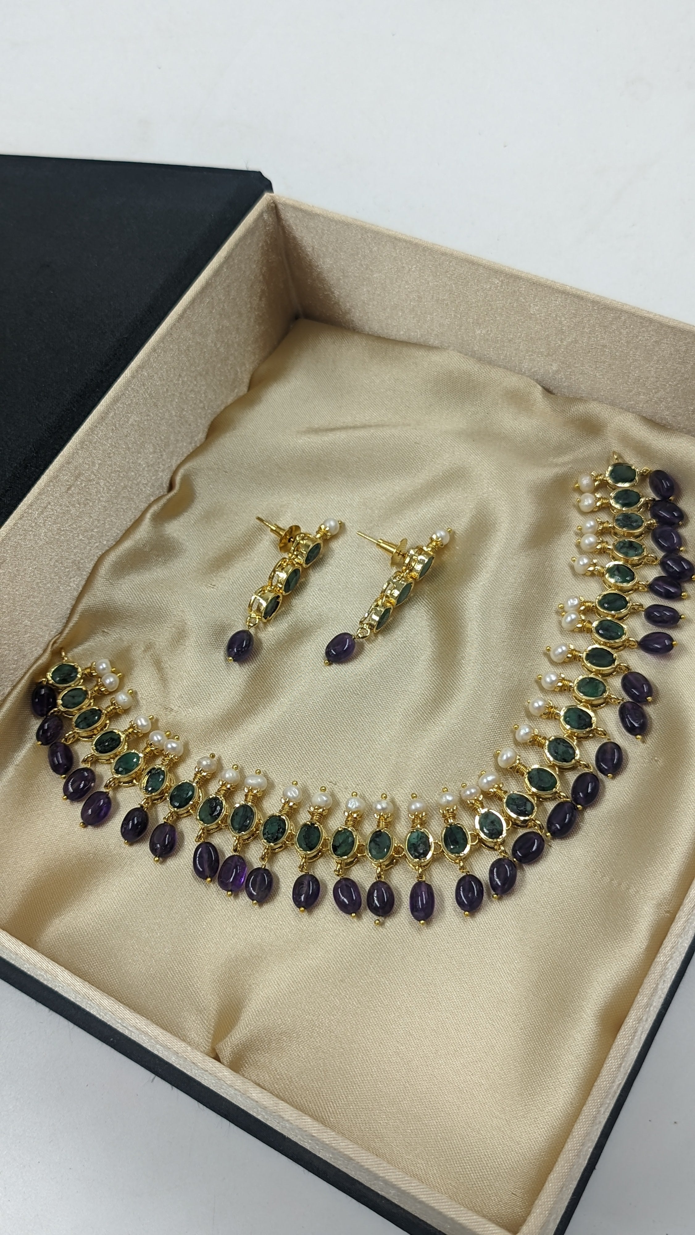 Mehrish Necklace Set in Real Amythest,Emerald & Real Pearls