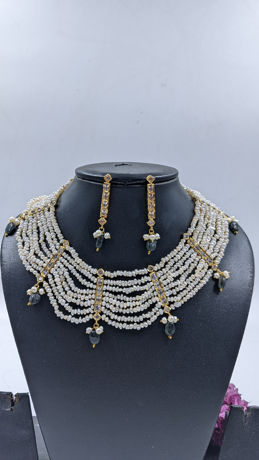 Shaiza Necklace set in Real Emerald and natural raw real pearls