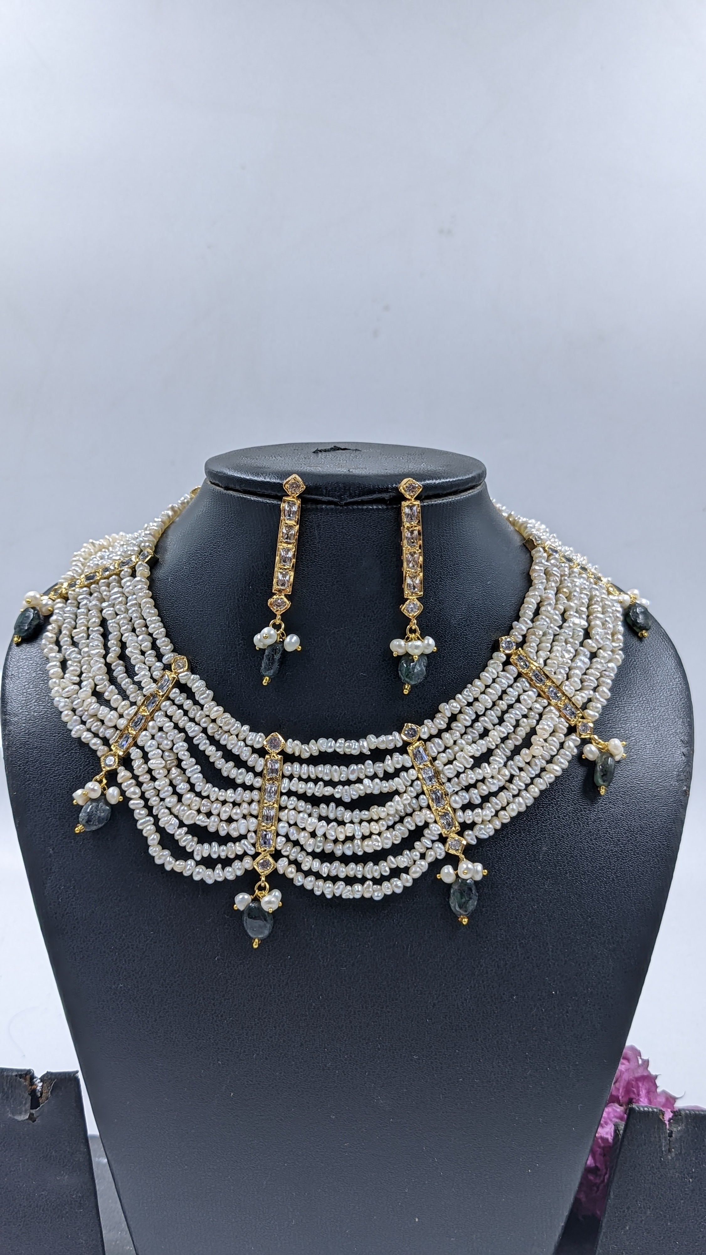 Shaiza Necklace set in Real Emerald and natural raw real pearls