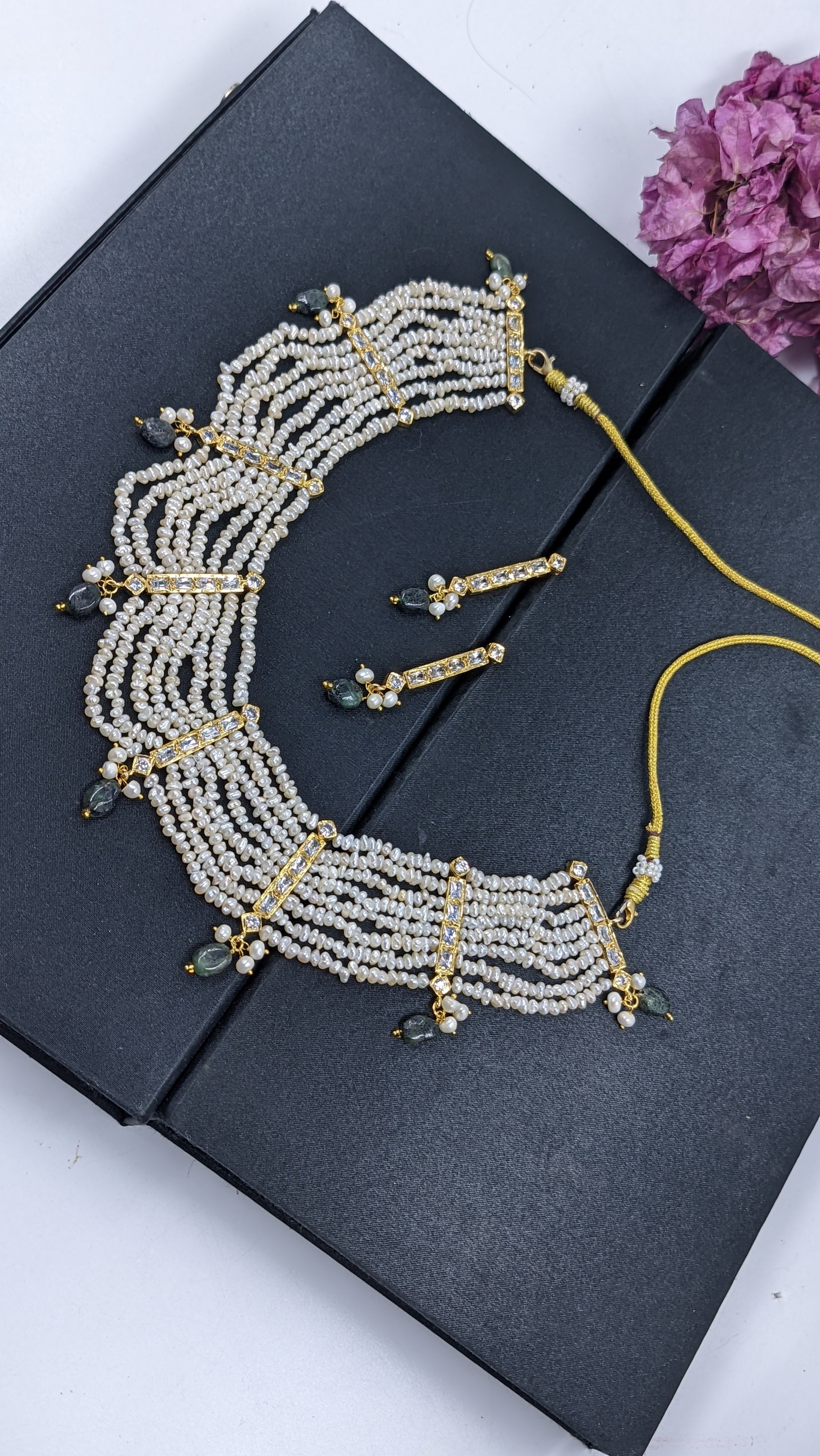 Shaiza Necklace set in Real Emerald and natural raw real pearls