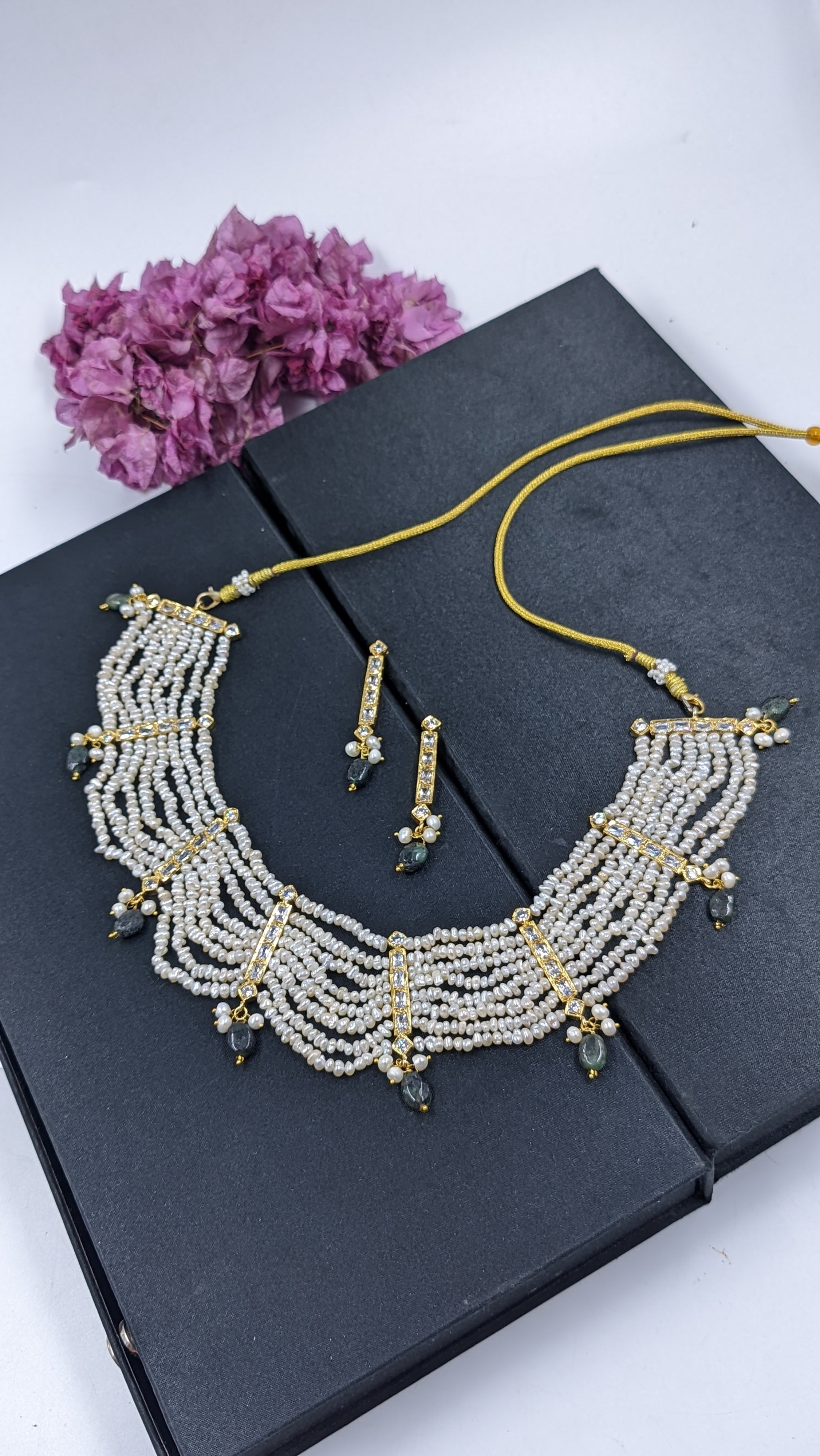 Shaiza Necklace set in Real Emerald and natural raw real pearls