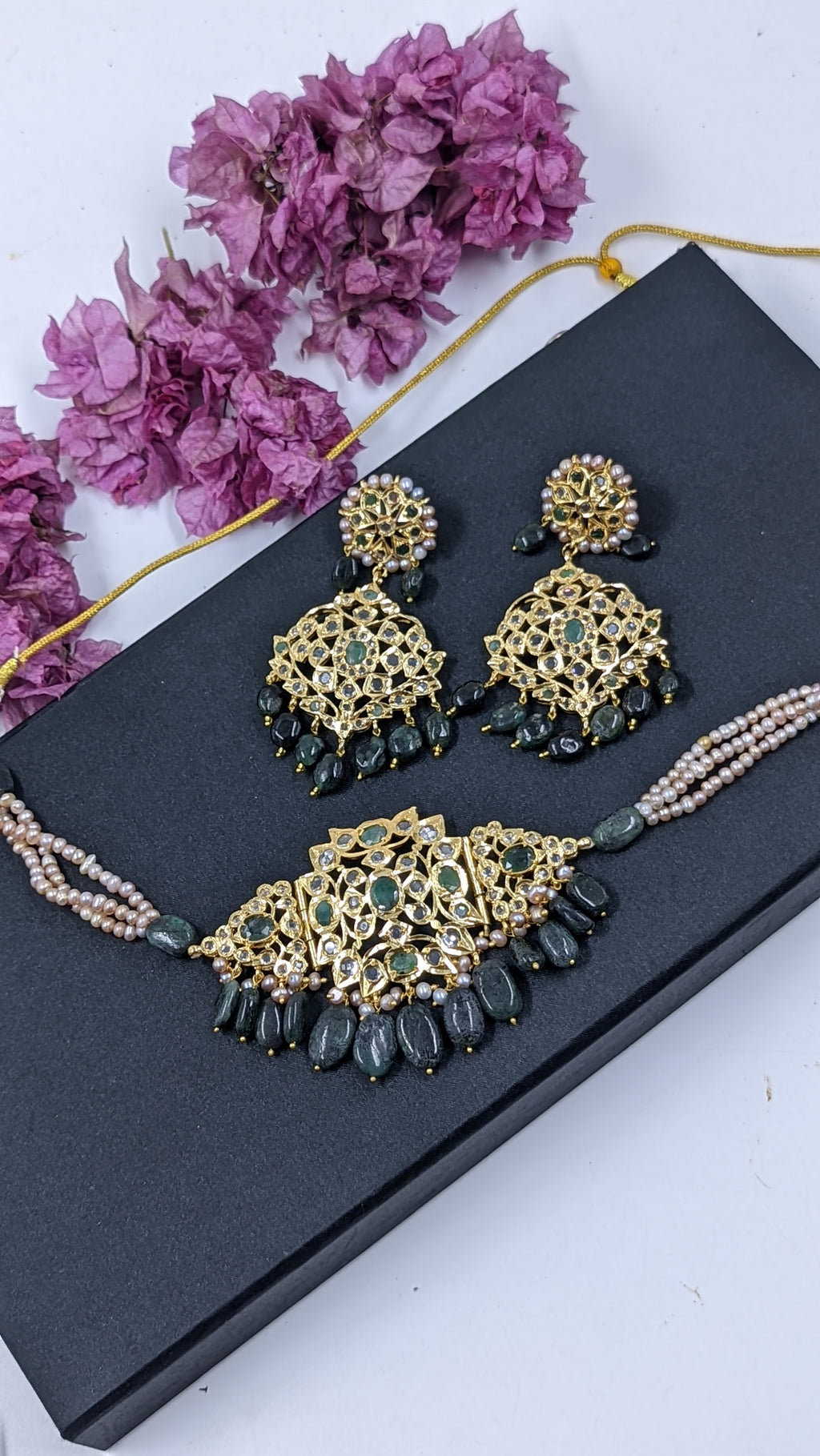 Minha Chokar in Real Emerald and antique nude pink Real Pearls