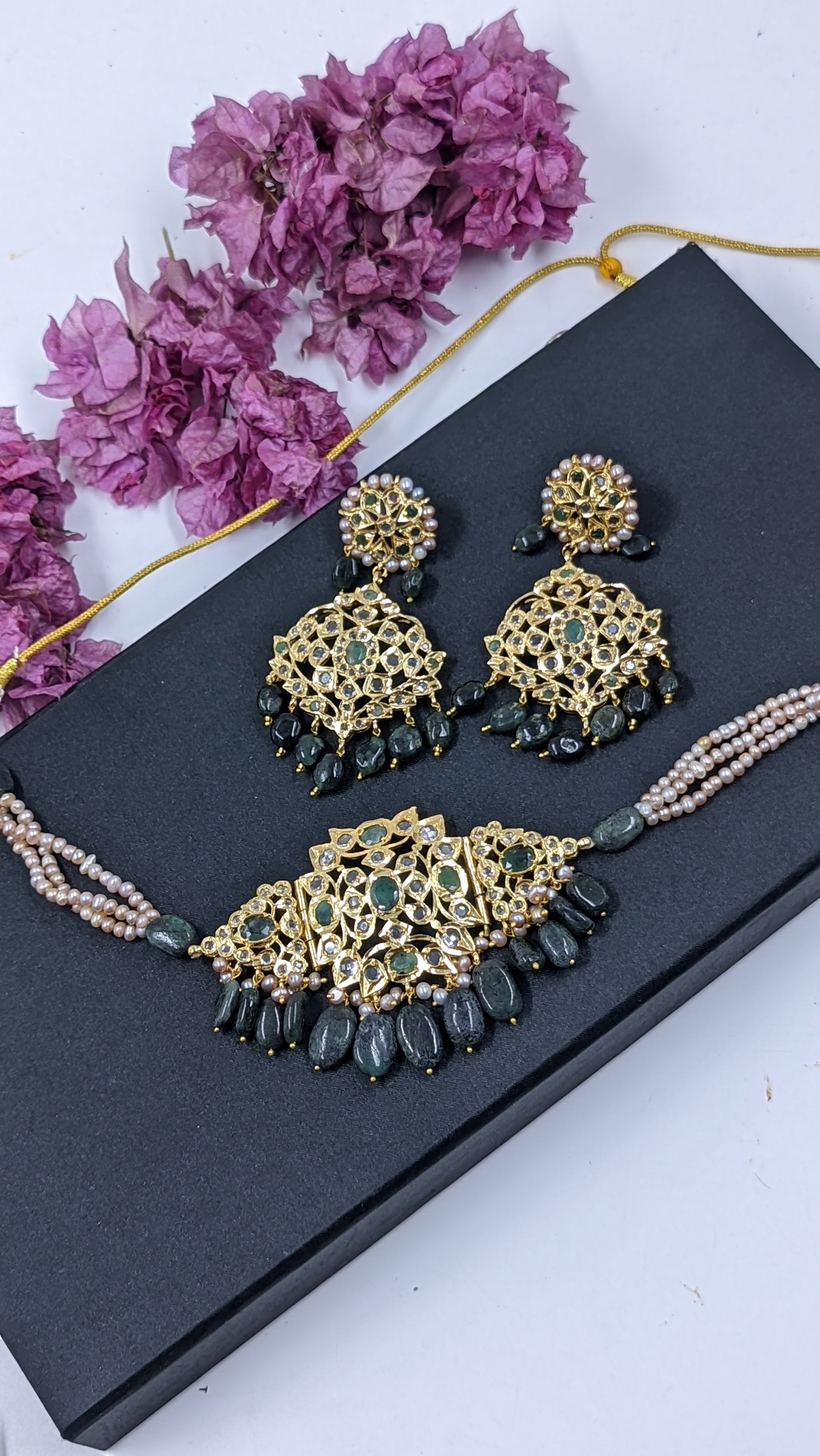 Minha Chokar in Real Emerald and antique nude pink Real Pearls