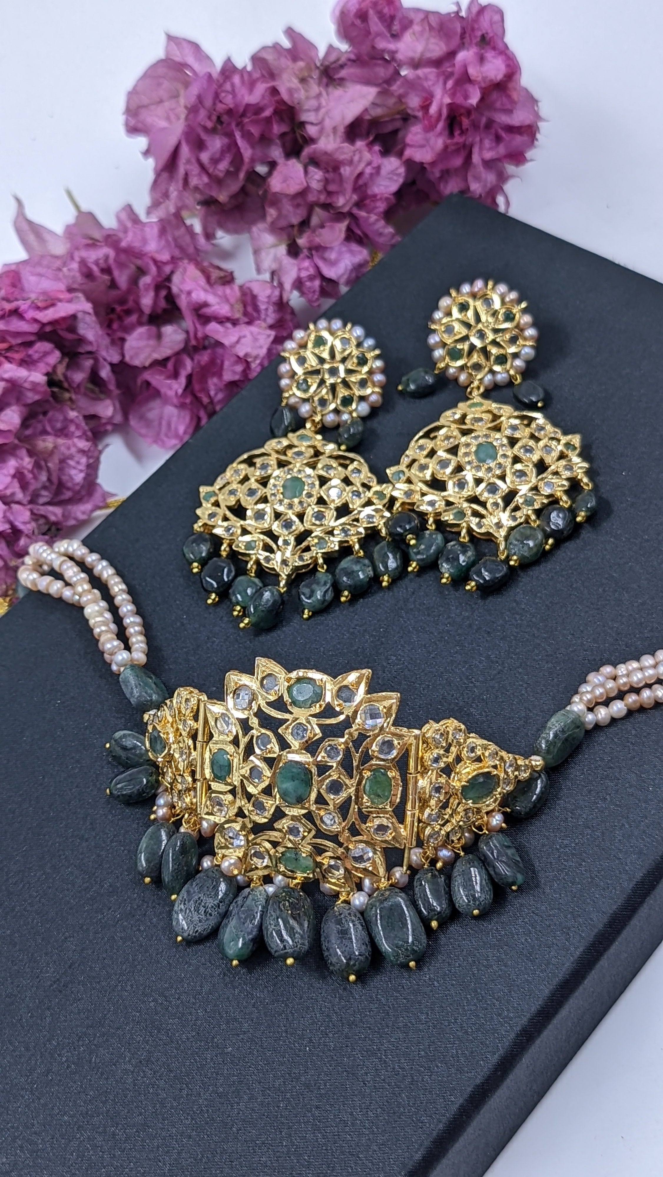 Minha Chokar in Real Emerald and antique nude pink Real Pearls